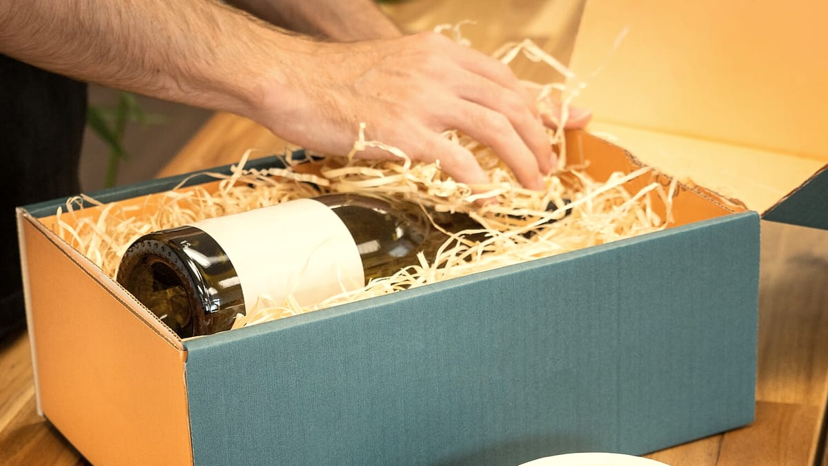 Eine Weinflasche wird in einer Kiste mit Holzwolle verpackt
